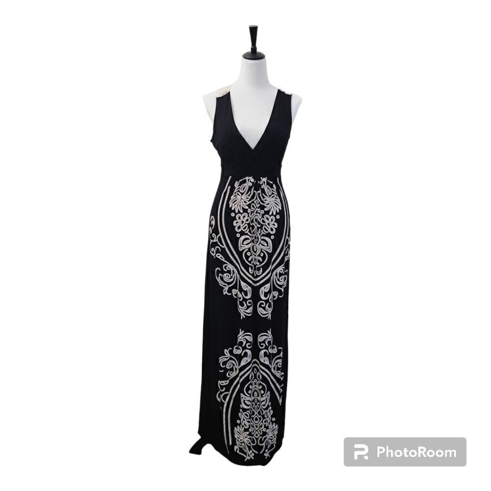 Papaya Embroidered Knit Maxi Dress Full Length Black Size M Made in USA